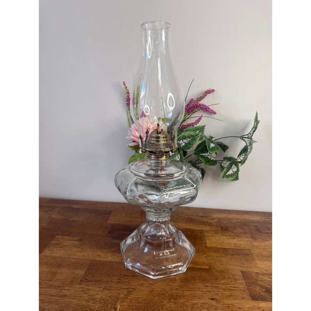 Vintage Clear Glass Oil Lamp Paneled‎ Pedestal Base Hurricane Lamp Farmhouse
